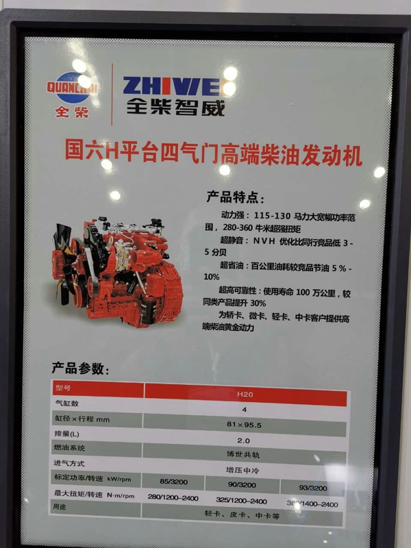 全柴國六H平臺四氣門高端柴油發(fā)動機，型號為H20，2.0L排量